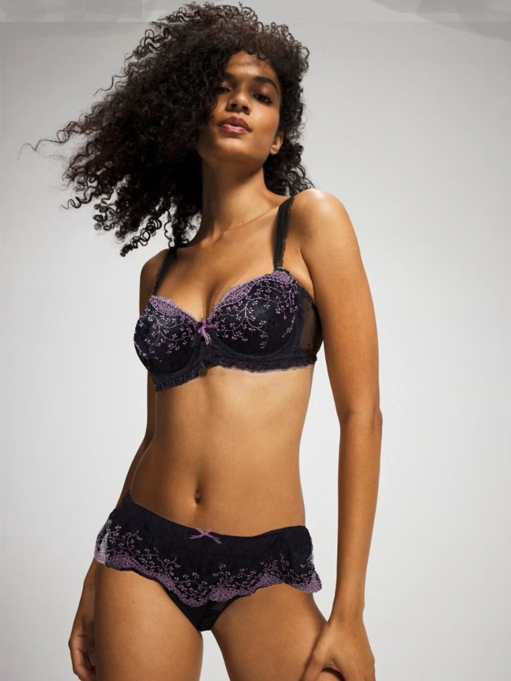 AFFINITAS Intimates by G Grace Embroidered Bra & 2-Panty Set Sz 38B Black/Purple